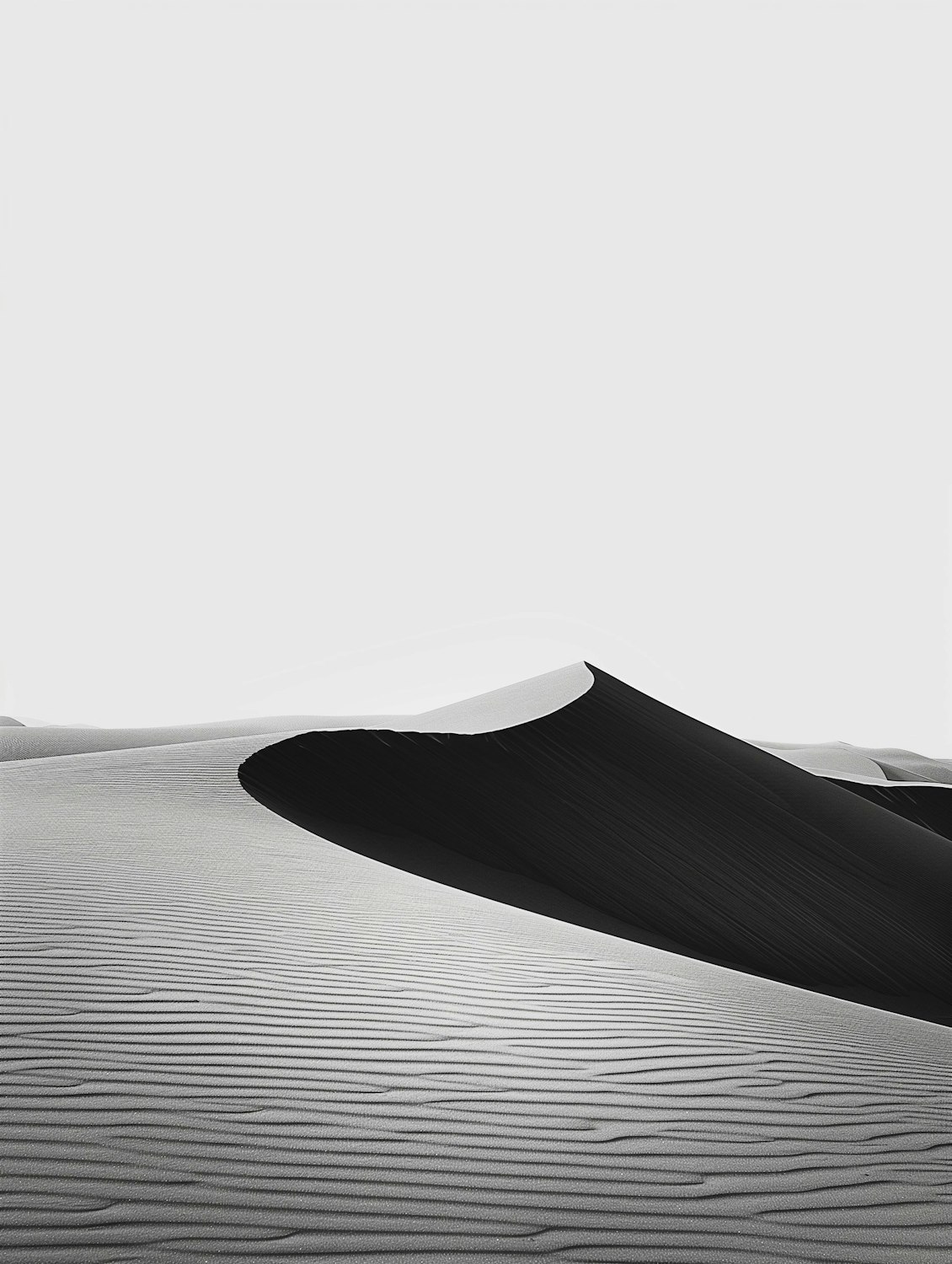 Rippled sand dunes in black and white, split by a hard line of shadow