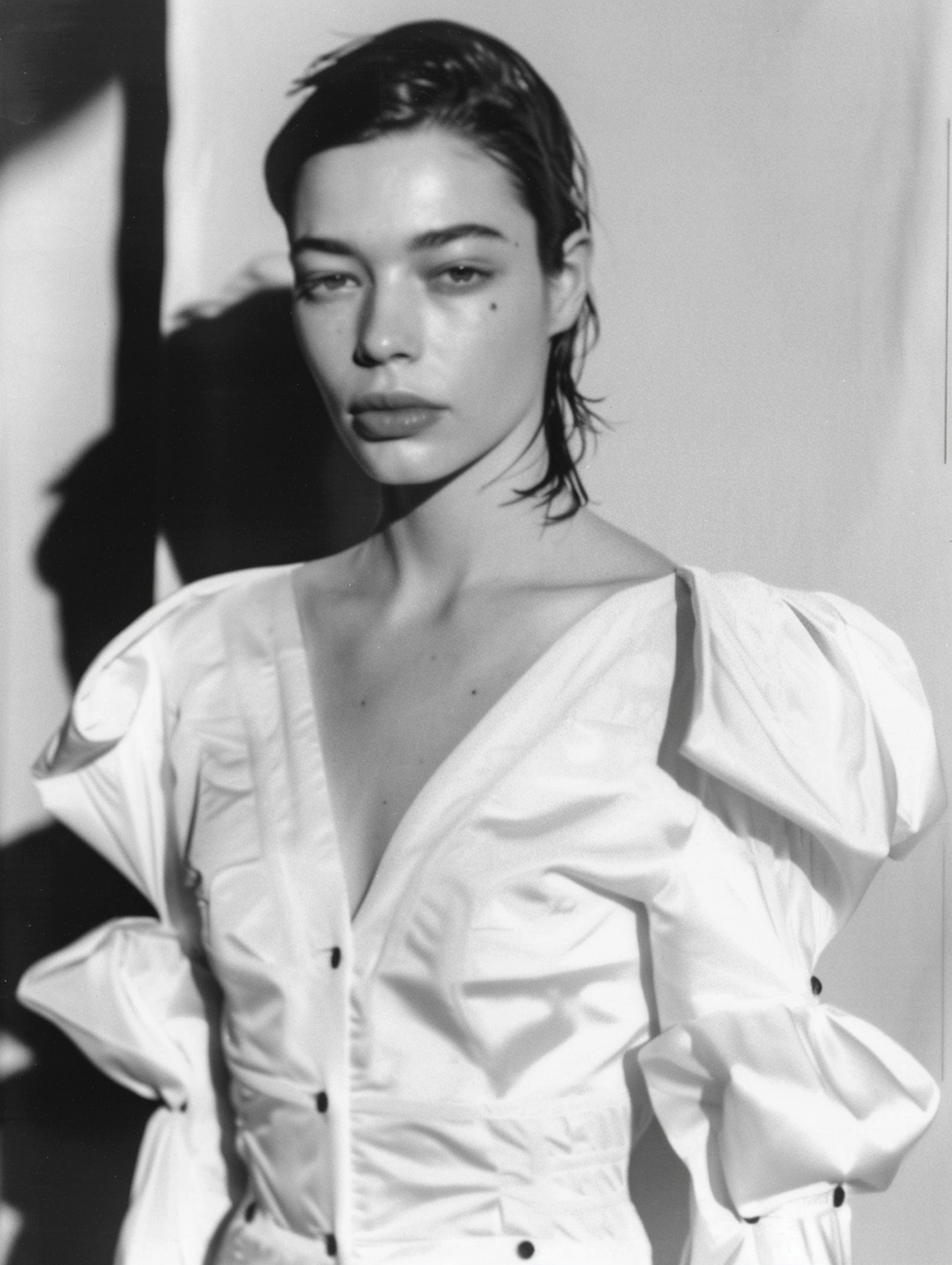 Black and white portrait of a woman in a white dress, lit hard from one side